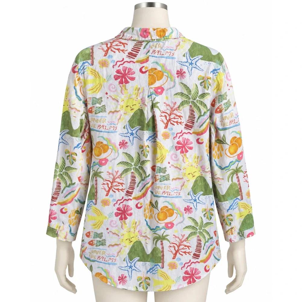 Vintage Calypso Shirt Women XL Linen Blend All Over Print Beachy Tropical Travel